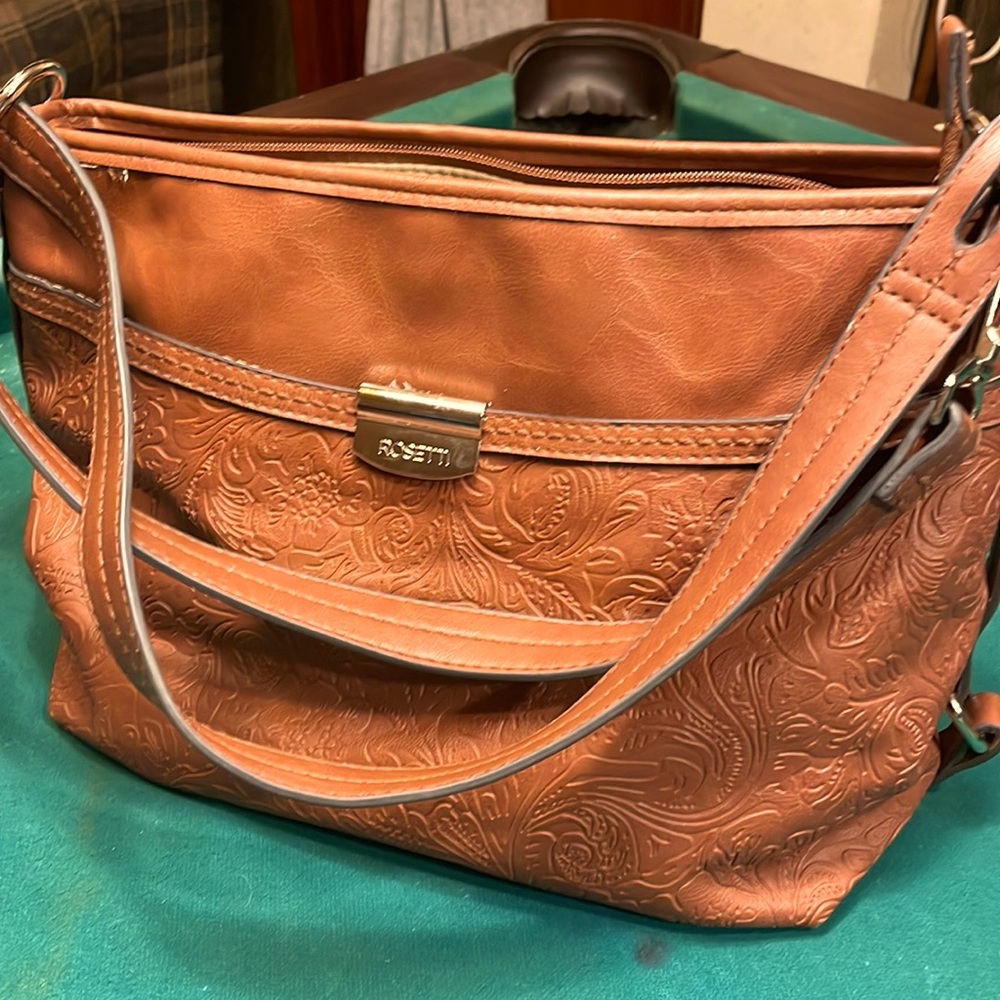 Rosetti zippered shoulder bag. Pebbled faux leather in camel brown.